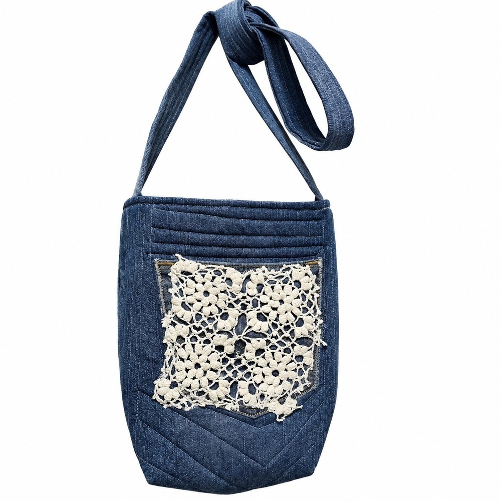 Carolina Blues Handmade Denim Crossbody Purse Jean Crochet Lace Pocket Upcycled - Picture 5 of 8